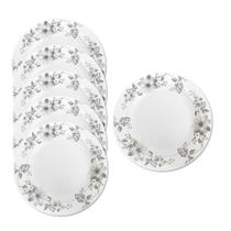 Jogo 6 Prato Raso de Vidro Branco Flores Cinza Flowers Grey 26cm Em Casa Tem
