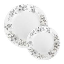 Jogo 6 Prato Raso e 6 Sobremesa Vidro Branco Flores Cinza Flowers Grey Em Casa Tem