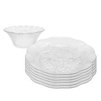 Jogo 6 Pratos e 6 Tigela Bowl Flower Aparelho De Jantar Vidro Transparente Sobremesa