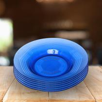 Jogo 6 pratos fundo azul listado de vidro transparente - Original