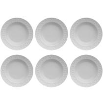 Jogo 6 Pratos Fundos Redondos 23,5cm em Porcelana com Relevo Tassel Germer Branco Jogo 6 Pratos Fundos Redondos 23,5cm em Porcelana com Relevo Tassel Germer Branco