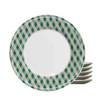 Jogo 6 Pratos Raso Joy Natalino Natal Xadrez Verde e Branco em Cerâmica Alleanza