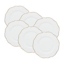 Jogo 6 pratos rasos 28 cm de porcelana branca com fio dourado Maldivas Wolff - 18053