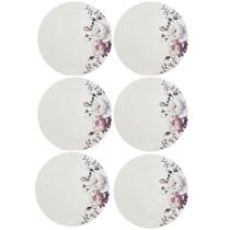 Jogo 6 Pratos Rasos de Porcelana Germer Branco Garden com Estampa Floral Redondos 27cm