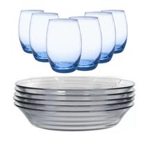 Jogo 6 Pratos Vidro Redendo Astral e 6 Copos Bellagio Luxo Azul