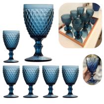 Jogo 6 Taças de Vidro Bico de Abacaxi Azul para Água e Sucos 300ml dia a dia Mesa Posta