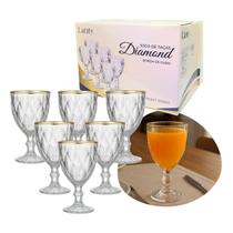 Jogo 6 Taças De Vidro Diamond Borda De Ouro 340ml Água Vinho