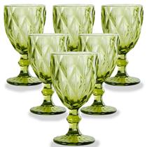 Jogo 6 Taças de Vidro Luxo Diamond Verde Transparente 310ml Vinho Água Drinks Grosso Resistente Diamante - Cortelux