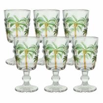 Jogo 6 Taças de Vidro Tropical Palm Tree Coqueiro Água Transparente Lyor 275ml