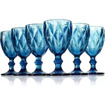 Jogo 6 Taças Diamante Azul 300ML Diamond Luxo Jantar Restaurante Decoração Mesa Posta Água Vinho Vidro Praticasa