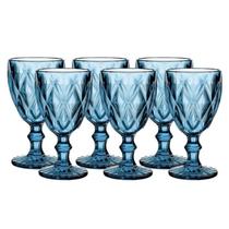 Jogo 6 Taças Diamante Azul 300ML Diamond Luxo Jantar Restaurante Decoração Mesa Posta Água Vinho Vidro Praticasa