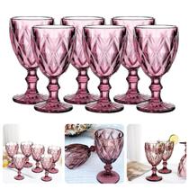 Jogo 6 Taças Pink Vidro Diamante Tacas Vinho Agua Suco 235ml
