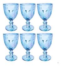 Jogo 6 Taças Vidro Azul 330ml Milbani Copo Água Suco Drinks Luxo Mesa Posta Vidro Lapidado Decorativo