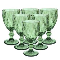 Jogo 6 Taças Vinho e Água Vidro Diamond Verde Luxo 340ml - Vivaflor Decor