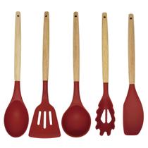 Jogo 6 Utensílios Cozinha Silicone Vinho Cabo Madeira Prime 30cm - Monaliza