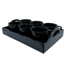 Jogo 6 Xícara 170ml Preta Porcelana Com Bandeja Em Mdf