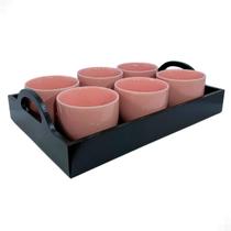 Jogo 6 Xícara 170ml ROSA Porcelana Com Bandeja Em Mdf - MUNDO DA PORCELANA