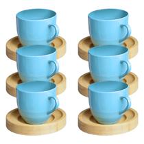 Jogo 6 Xícara Café Azul Com Pires Madeira 95ml