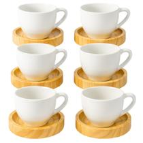 Jogo 6 Xícara Café Branca Com Pires Madeira 75ml Mundo da Porcelana Jogo 6 Xícara Café Branca Com Pires Madeira 75ml Mundo da Porcelana