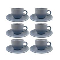 Jogo 6 Xicara Café Chá Porcelana Cinza 160ml Com Pires 6 Peças