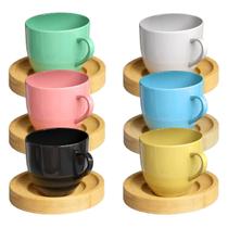 Jogo 6 Xícara Café Colorida Com Pires Madeira 95ml
