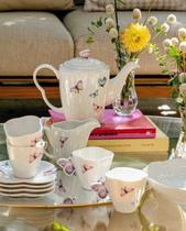 Jogo 6 Xícara Café com Pires de Porcelana com Detalhe 3D de Borboleta Decorativa