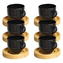 Jogo 6 Xícara Café Preta Com Pires Madeira 95ml