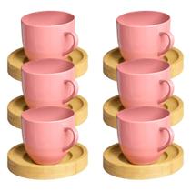 Jogo 6 Xícara Café Rosa Com Pires Madeira 95ml