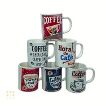 Jogo 6 Xícara Caneca Decorada Coffee Time Branca 100ml