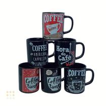 Jogo 6 Xícara Caneca Decorada Coffee Time Preta 100ml