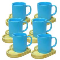 Jogo 6 Xícara Caneca Porcelana 100ml E Pires Madeira Coração