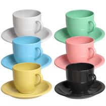 Jogo 6 Xícara Chá Com Pires 95ml Colorido em Porcelana - Mundo da Porcelana