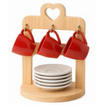Jogo 6 Xicara Colorida de Café Com Pires Porcelana Branca com Suporte Coração De Madeira