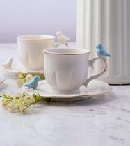 Jogo 6 Xícara de café com Pires de Porcelana com Detalhe de Pássaro Decorativo