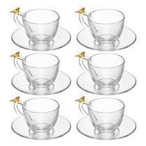 Jogo 6 Xícara de Café com Pires Golden Bird Pássaro 80ml Cristal Ecológico Wolff