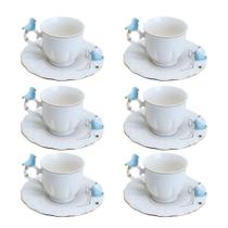 Jogo 6 Xícara de Café Porcelana Birds Azul e Branca Fio Dourado Pássaro com Pires 100ml Wolff