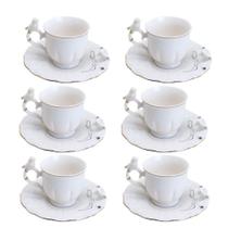 Jogo 6 Xícara de Café Porcelana Birds Branca Fio Dourado Pássaro com Pires 100ml Wolff