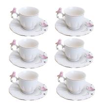 Jogo 6 Xícara de Café Porcelana Rosa e Branca Birds Pássaro com Pires 100ml Wolff