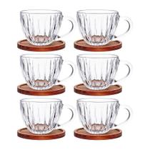 Jogo 6 Xícara de Café Vidro Cristal com Pires de Madeira Acácia Montecarlo 80ml Haüskraft Premium