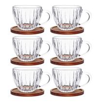 Jogo 6 Xícara de Chá Café Vidro Cristal com Pires de Madeira Acácia Montecarlo 180ml Haüskraft Premium
