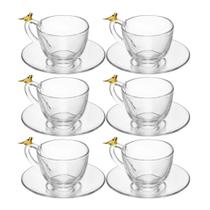 Jogo 6 Xícara de Chá com Pires Golden Bird Pássaro 180ml Cristal Ecológico Wolff
