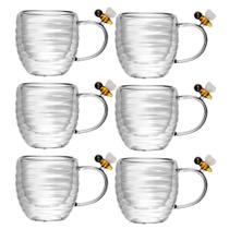 Jogo 6 Xícara de Chá Vidro Parede Dupla Abelha Lovely Bee 180ml Lyor
