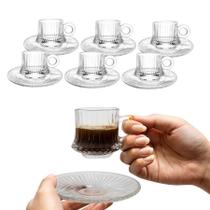 Jogo 6 Xícara De Vidro Com Pires Café Chá 90ml Canelada Lines