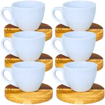 Jogo 6 Xícara Porcelana Branca para Café com 6 Pires Madeira Teca 60ml