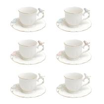 Jogo 6 xícaras 100ml para café de porcelana colorida com pires redondo Birds Wolff - 18126