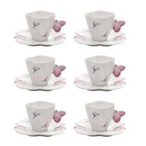Jogo 6 xícaras 100ml para café de porcelana com pires Borboletas Wolff - 1162 Jogo 6 xícaras 100ml para café de porcelana com pires Borboletas Wolff - 1162