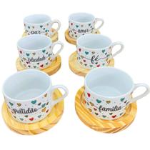 Jogo 6 xícaras 170ml Frases Motivacionais base reta c/ pinus