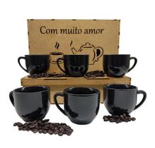 Jogo 6 Xicaras 170Ml Porcelana Para Café Chá Caixa Mdf Preto