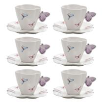 Jogo 6 xícaras 200ml para chá de porcelana com pires Borboletas Wolff - 1155 Jogo 6 xícaras 200ml para chá de porcelana com pires Borboletas Wolff - 1155