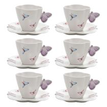 Jogo 6 xícaras 200ml para chá de porcelana com pires Borboletas Wolff - 17986